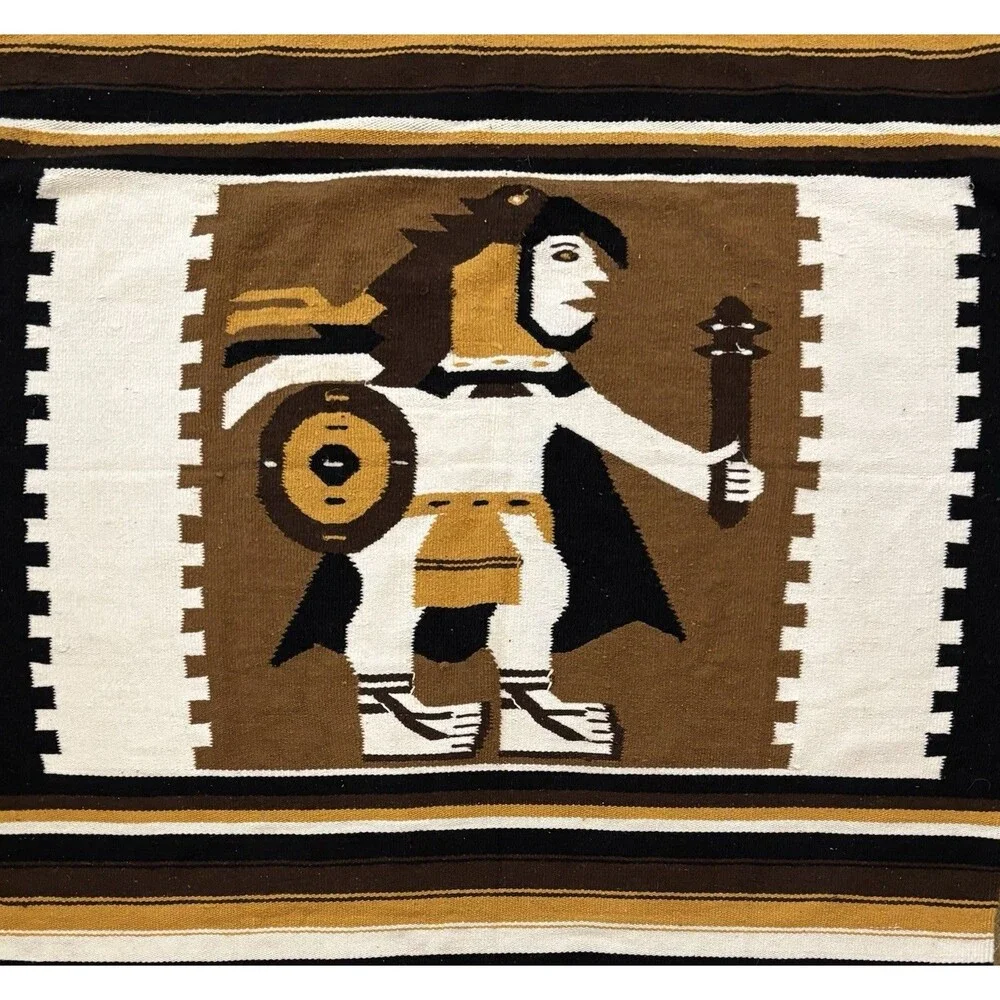 VTG 70s Handwoven Zapotec Oaxaca Eagle Warrior Rug Wool Cotton